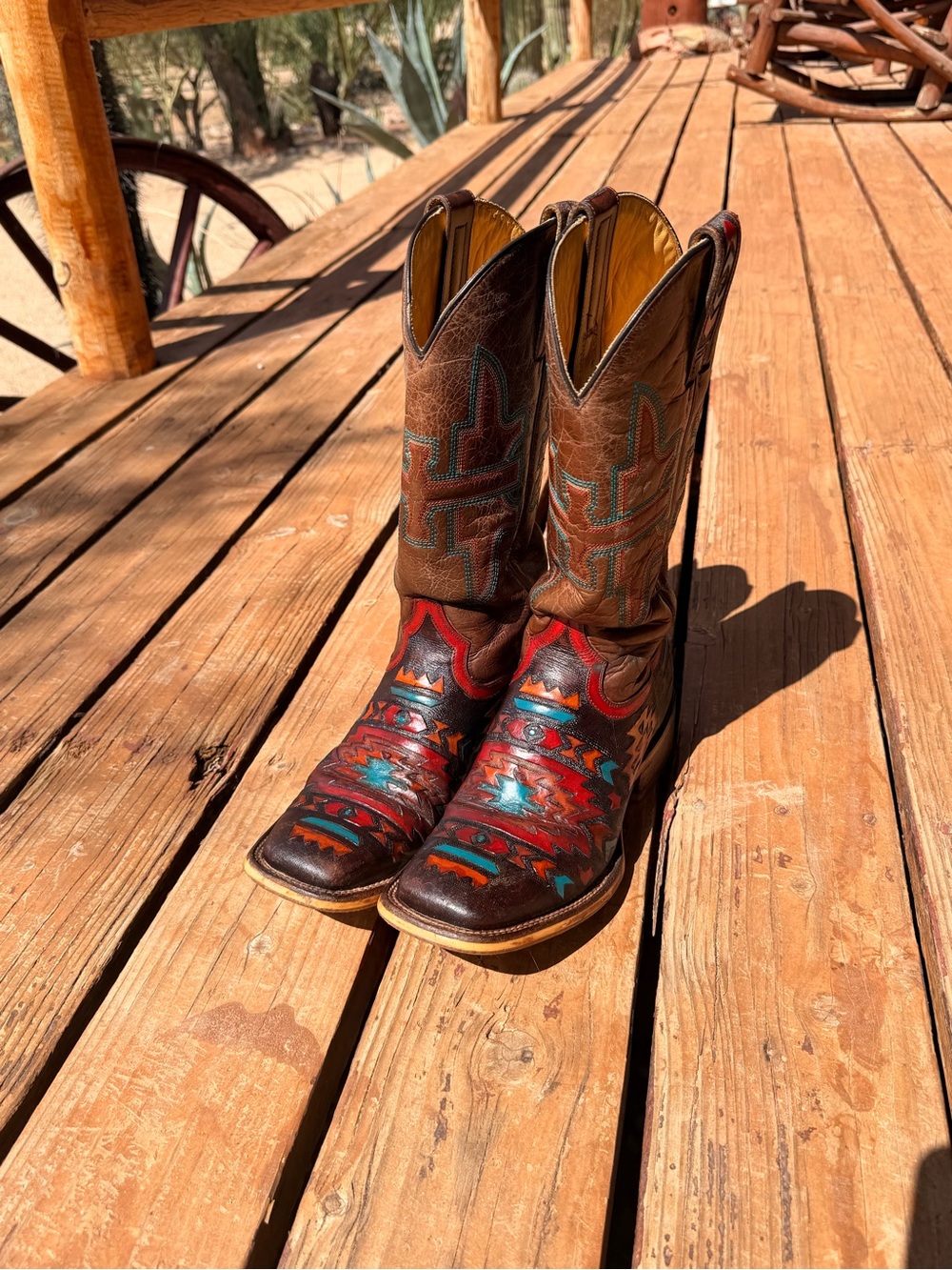 Tin Haul Women’s Brown Western Cowboy Boots with Red & Teal Accents